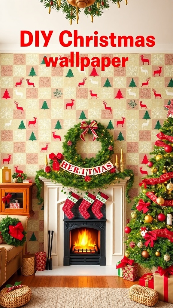 A wall covered with DIY Christmas wallpaper featuring festive designs, surrounded by holiday decorations.